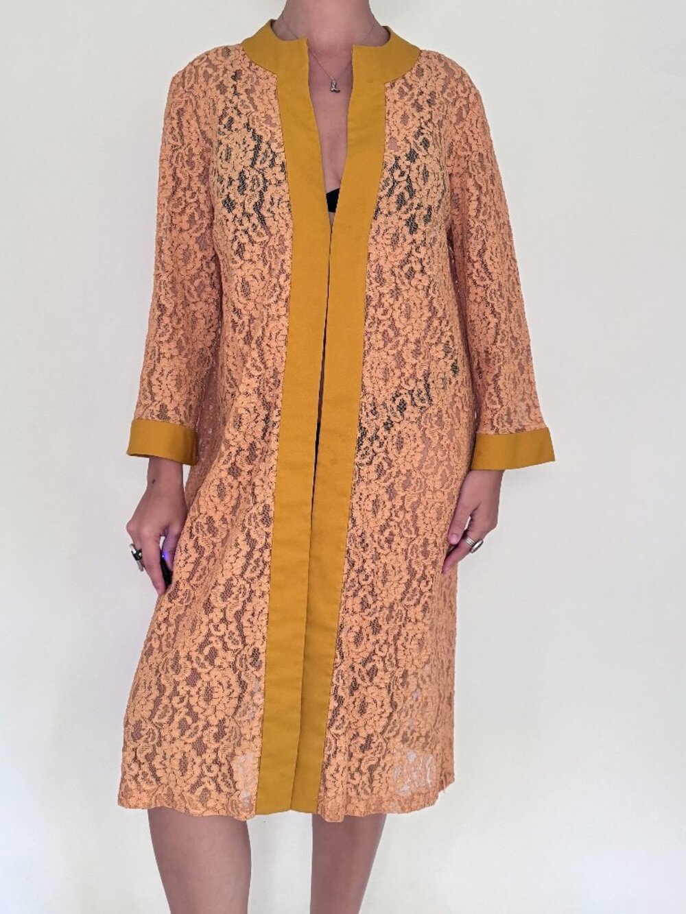 60s vintage yellow sheer floral lace open front kimono long duster jacket robe